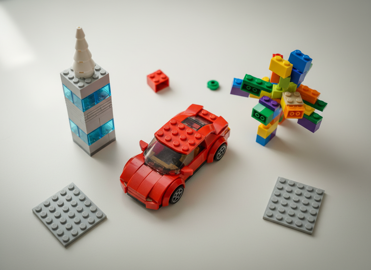 A meticulously arranged flat lay of vibrant custom LEGO builds, featuring a variety of small, intricate brick creations: a tiny red sports car with smooth curved fenders, a micro skyscraper with transparent blue window tiles, and a colorful abstract sculpture of mismatched bricks. All models are built from real, slightly worn LEGO pieces with visible studs and subtle scuff marks. They rest on a clean, matte white tabletop scattered with a few loose bricks and mini baseplates. Soft, diffused daylight from an unseen window to the left creates gentle shadows and crisp highlights on the studs. Photographed from a true bird’s-eye view with photographic realism, the composition is playful, bright, and inviting, with a shallow depth of field that lightly blurs the outer edges of the frame.